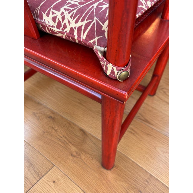 Red Vintage Chinese Horseshoe Back Arm Chairs With Palm Pattern Seat Cushions. Set of 4. For Sale - Image 8 of 8