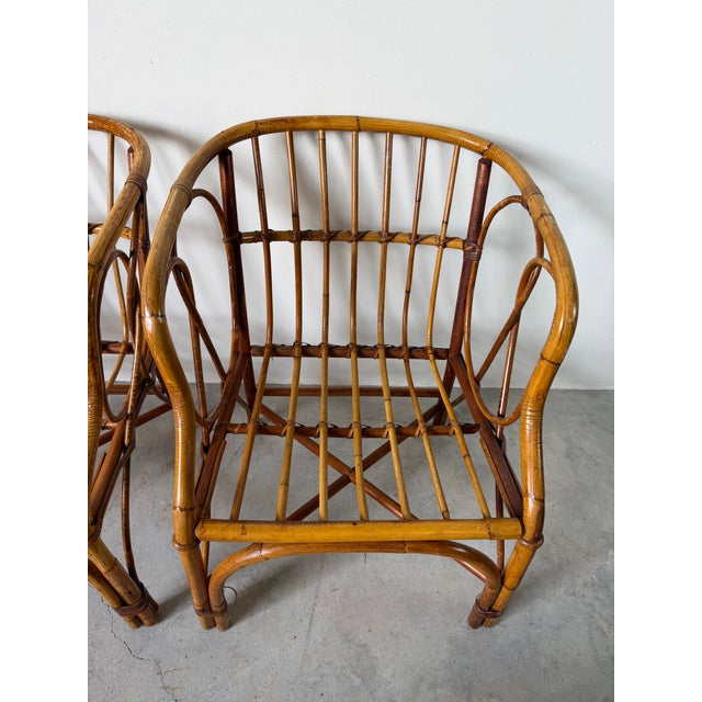 Brown 1970's Vintage Coastal Bamboo Rattan Barrel Lounge Chairs - A Pair For Sale - Image 8 of 17