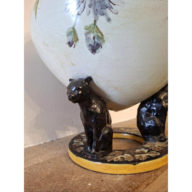 1920s Large 20th Century Polychrome Earthenware Cachepot with Floral Decoration Resting on Three Panthers, 1920s For Sale - Image 5 of 7