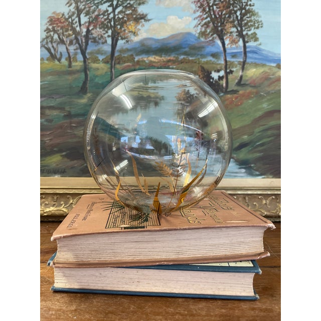 Charming vintage clear glass vase featuring a rounded, globe-like form and delicate golden botanical accents. The applied...