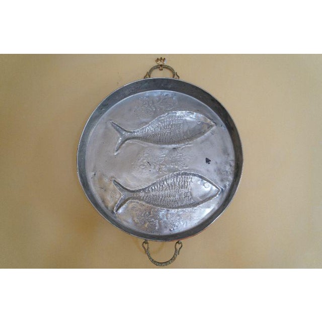 French Country Oversized Vintage Copper Fish Mold Wall Hanging With Brass Handles For Sale - Image 3 of 8