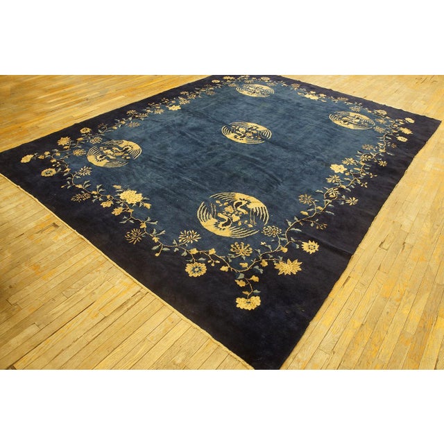 Refined Floral Border on Navy Background and Black Border Antique Chinese Peking Rug For Sale - Image 10 of 10