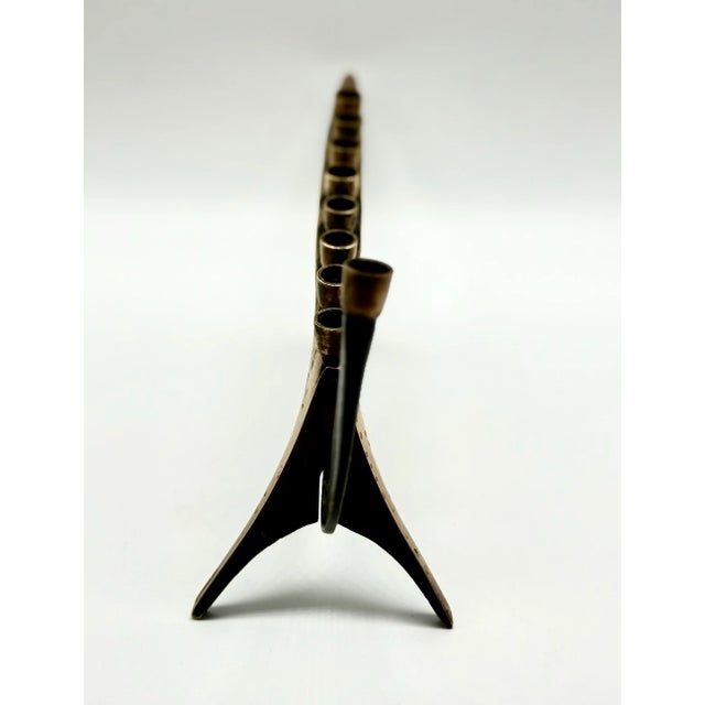 Brass 1960s Mid-Century Brass Boat Menorah With Damascene Etching | Vintage Judaica Art Sculpture For Sale - Image 8 of 12