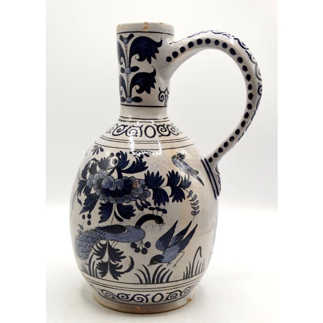 19th-Century Dutch Delft Chinoiserie Faience Jug With Peacock Birds For Sale - Image 4 of 9