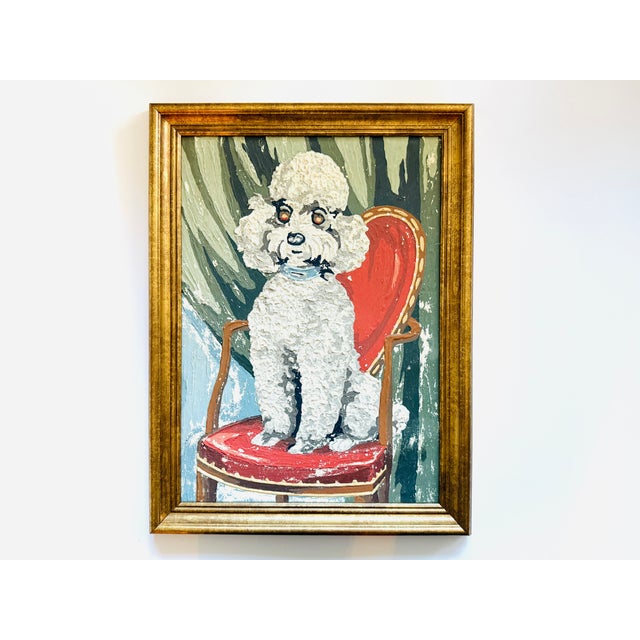 Cutest white poodle portrait, a Folk Art Gouache, oil painting on paper / mounted on cardboard. Big eyes, attractive blue...