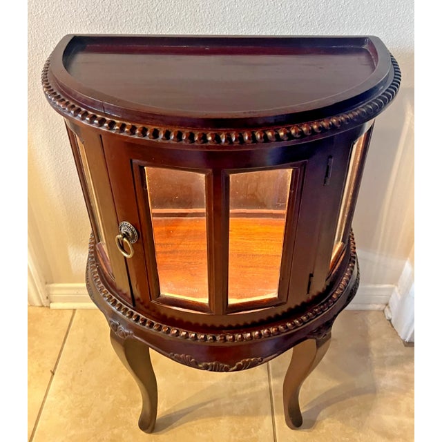 Late 20th Century China Cabinet Demilune Half Moon Shape Curio Display, Led Lighted, Beveled Glass For Sale - Image 4 of 14