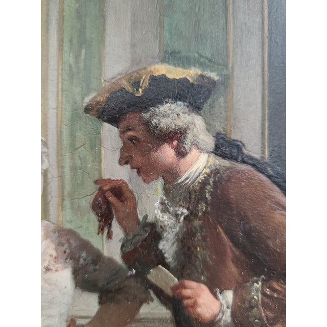 Wood Prudent-Louis Leray Antique 19th Century French Oil Painting Interior Courting Scene For Sale - Image 7 of 17