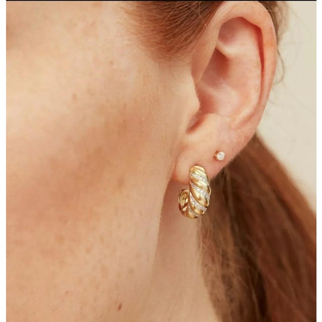Diamond Croissant 14k Solid Gold Twisted Dome Open Hoop Earrings - 2 Pieces For Sale - Image 6 of 7