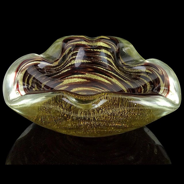 Glass Murano Dark Purple Swirling Pattern Heavy Gold Flecks Vintage Italian Art Glass Bowl Catchall Ashtray For Sale - Image 7 of 11
