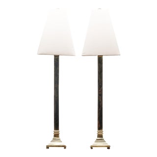 Lawrence & Scott Tall Square Polished Solid Brass Candlestick Table Lamp With Shades - a Pair For Sale