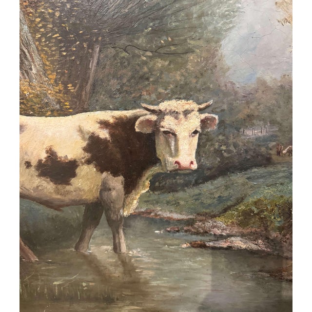 19th Century French Pastoral Oil Painting of Cow and Boy in Giltwood Frame For Sale - Image 9 of 11
