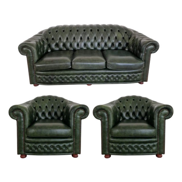 Chesterfield Sofa and Lounge Chairs, 1970s, Set of 3 For Sale
