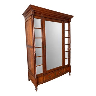 Antique French Carved Oak Mirrored 2-Drawer Armoire For Sale