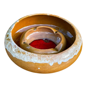 Vintage Studio Pottery Drip Glaze Ashtray Bowl With Red Crystalline Center