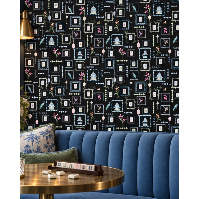 Chinoiserie Mahjong Tile Grasscloth Wallpaper by House Party | Blank Black | 6 Yards For Sale - Image 3 of 11