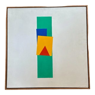 1980s Stefano Bicini “Totem” Geometric Oil Painting on Canvas, Signed and Dated ‘85, Framed For Sale