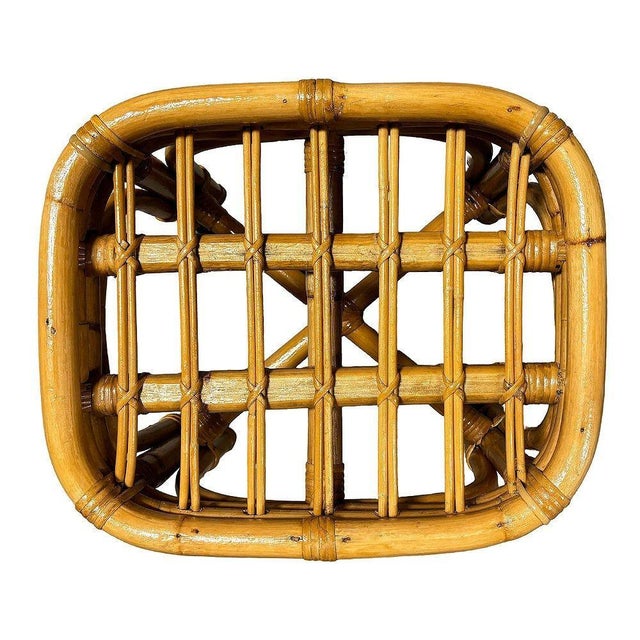 1950s Restored Mid-Century Rattan & Wicker Triple Arched Vanity Stool With Palm Fabric For Sale In Los Angeles - Image 6 of 7