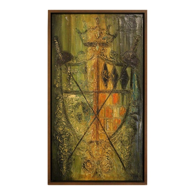 Van Hoople Family Crest Mid Century Modern Textured Painting on Board Framed For Sale