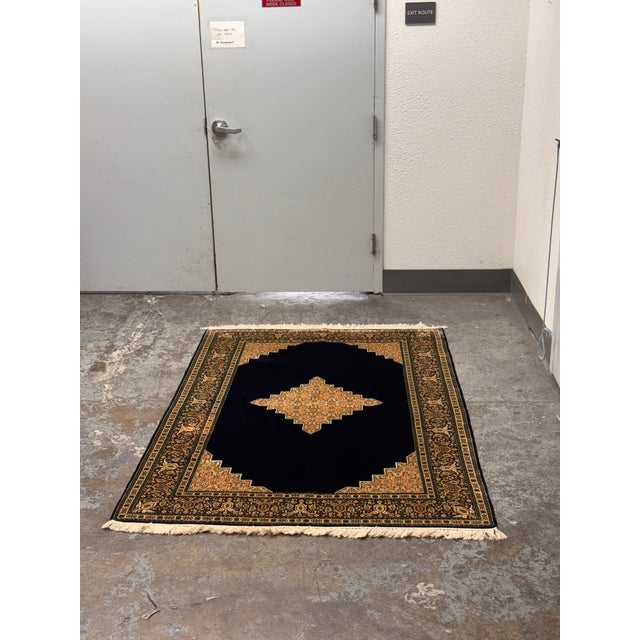 Navy Blue 4ft × 6ft 6in Hand Knotted Silk Kashmiri Rug For Sale - Image 8 of 12