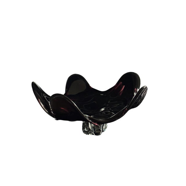 Contemporary Mid 20th Century Josef Hospodka Chribska Glassworks, Czech Purple Flower Footed Glass Dish For Sale - Image 3 of 17