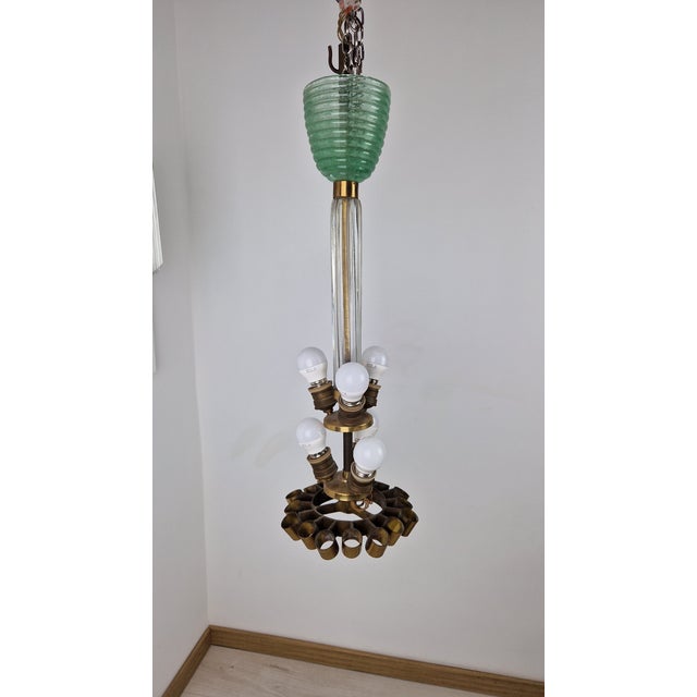 Model 5235 Chandelier in Glass and Brass by Tomaso Buzzi for Venini Murano, 1930s, in Very Good conditions. Designed 1920...