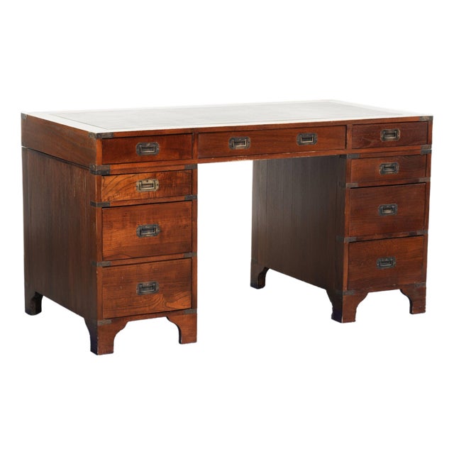 Wooden English Desk with Brass Elements and Green Leather Top For Sale