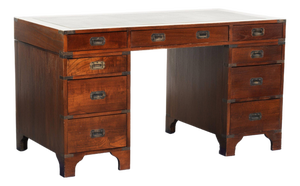 Wooden English Desk with Brass Elements and Green Leather Top
