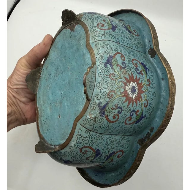 19th Century Qing Dynasy Lobed Cloisonne Enamel Planter Jardinaire, Blue Enamel on Copper, Footed For Sale - Image 4 of 10