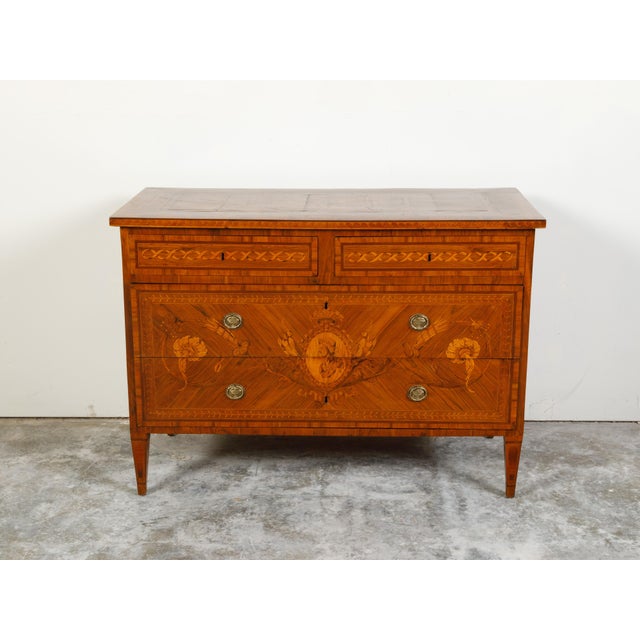 Early 19th Century Italian Neoclassical Period 1800s Fruitwood Four-Drawer Commode with Marquetry For Sale - Image 5 of 12