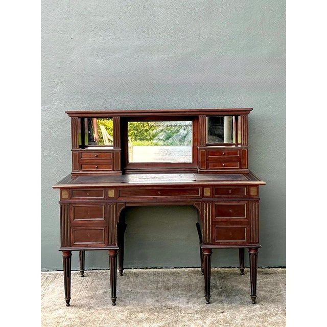 French Provincial Vintage Louis XVI Double Pedestal Writing Desk For Sale - Image 3 of 15