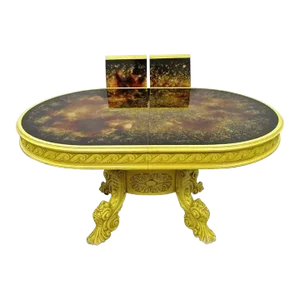 French Baroque Rococo Style Oval Eglomise Art Glass Top Yellow Dining Table