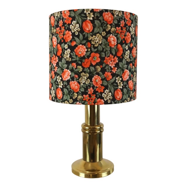 Mid-Century Brass-Colored Table Lamp in Floral For Sale