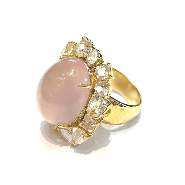 Baroque Bochic “Orient” Rose Quartz & White Topaz Cluster Ring Set 18k & Silver Size 7 For Sale - Image 3 of 4