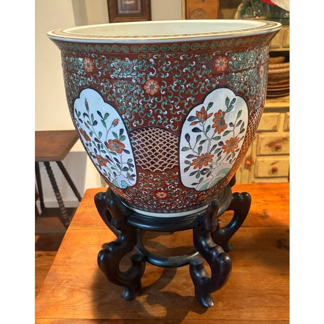 Chinese Large Vintage Chinese Porcelain Jardinière / Cachepot / Goldfish Bowl /Carved Hardwood Stand For Sale - Image 3 of 12
