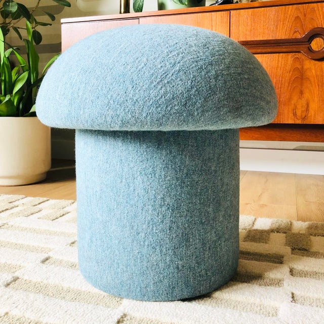 Mushroom Ottoman in Sky Melange Wool For Sale In San Francisco - Image 6 of 11