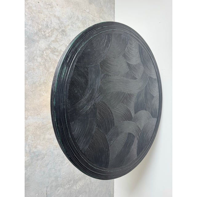 Black 1970s Gabriella Crespi–Style Black Painted Pencil Reed Rattan Round Dining Table With Brass Base For Sale - Image 8 of 12