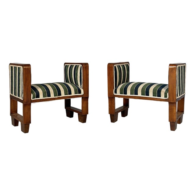 Italian Art Deco Benches in Fabric and Wood, 1930s, Set of 2 For Sale