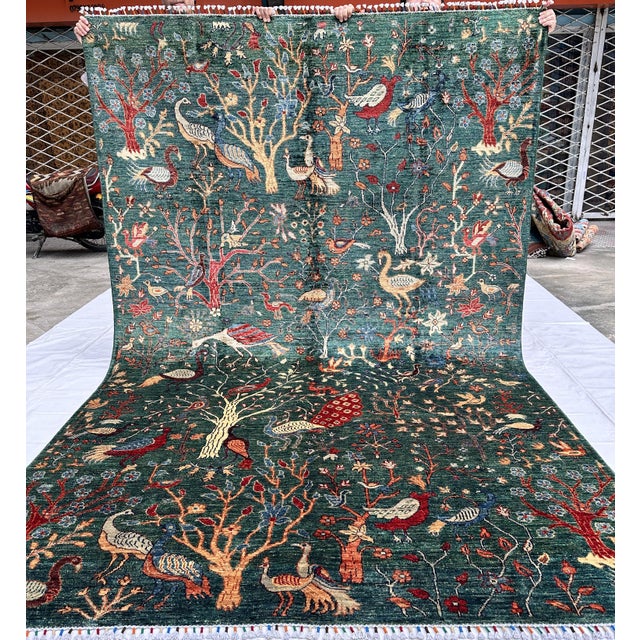 Textile Green Afghan Pictorial Peacock & Bird Garden Hand-Knotted Wool Rug - 9'11" X 6'6" For Sale - Image 7 of 12