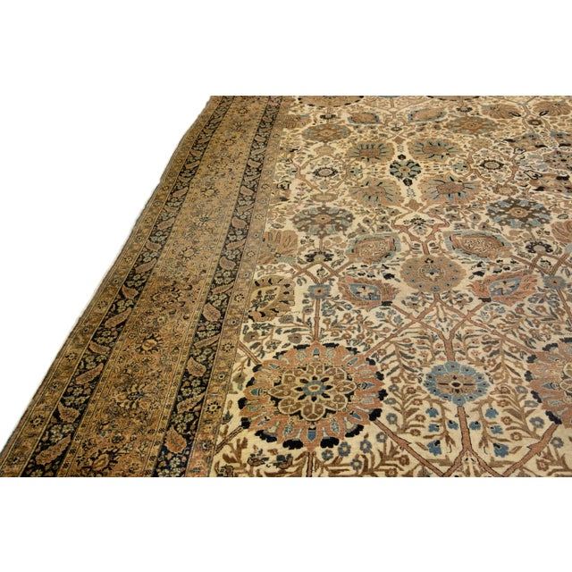 Antique Persian Tabriz Handmade Allover Motif Beige Oversize Wool Rug For Sale - Image 4 of 11