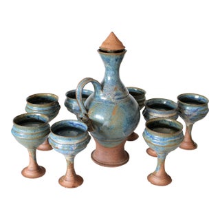 MCM Art Pottery Sangria Carafe Pitcher and Goblets- Set of 8 For Sale