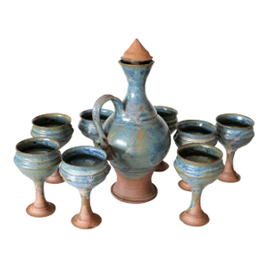 MCM Art Pottery Sangria Carafe Pitcher and Goblets- Set of 8