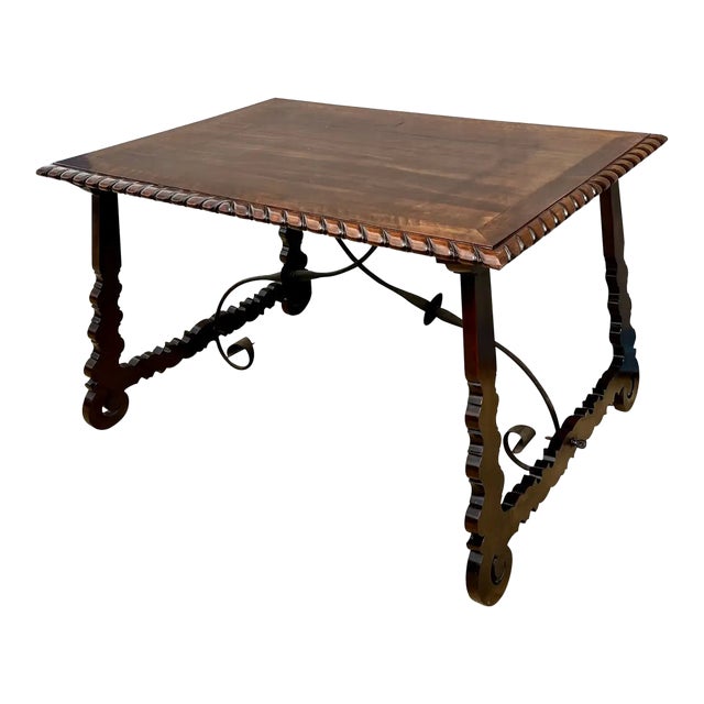 18th Century Refectory Spanish Table With Lyre Legs and Iron Stretcher For Sale