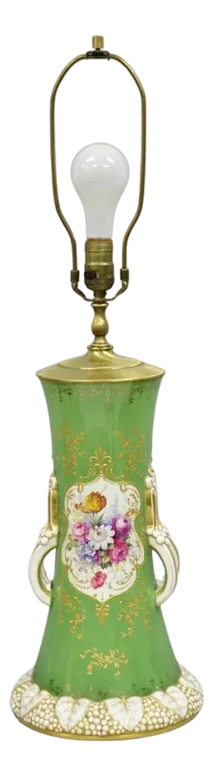 Antique Victorian Green Austrian Porcelain Hand Painted Flower French Table Lamp