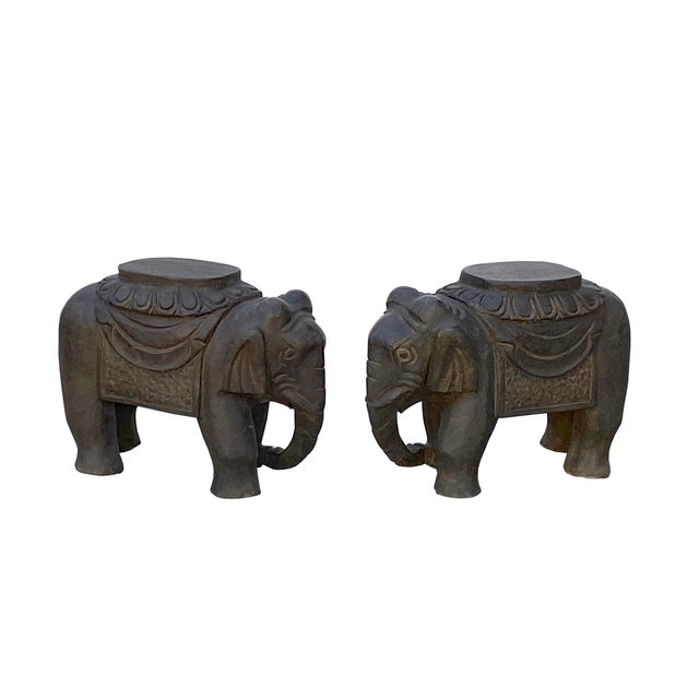 Chinese Chinese Small Pair Distressed Black Gray Stone Fengshui Elephant Statues For Sale - Image 3 of 7