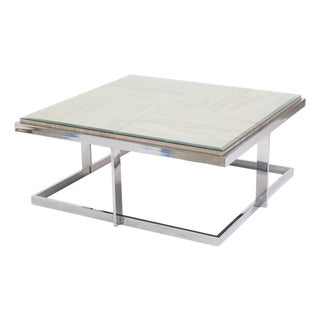 Vintage 1970s Milo Baughman Chrome Glass & Travertine Stone Square Coffee Table For Sale