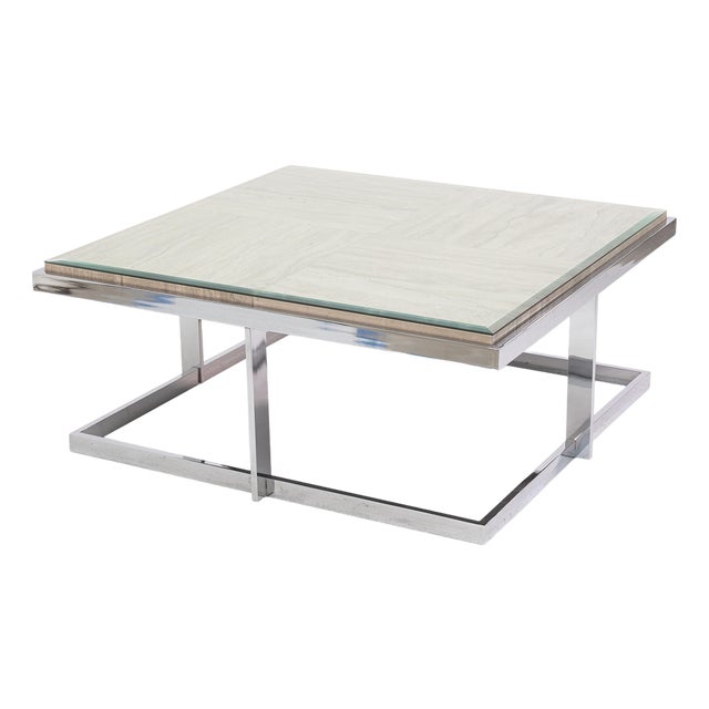 Vintage 1970s Milo Baughman Chrome Glass & Travertine Stone Square Coffee Table For Sale
