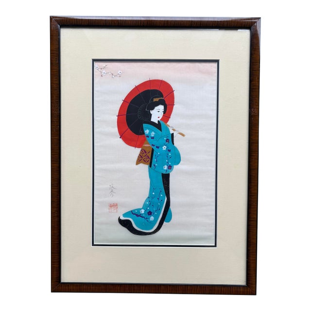 Mid-Century Japanese Silk-on-Silk Bijin Figure With Parasol, Framed For Sale