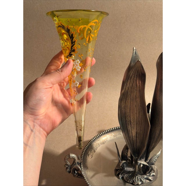 1890s Very Fine Victorian Silverplate and Glass Vase Fauna and Trumpet Antique For Sale - Image 4 of 7