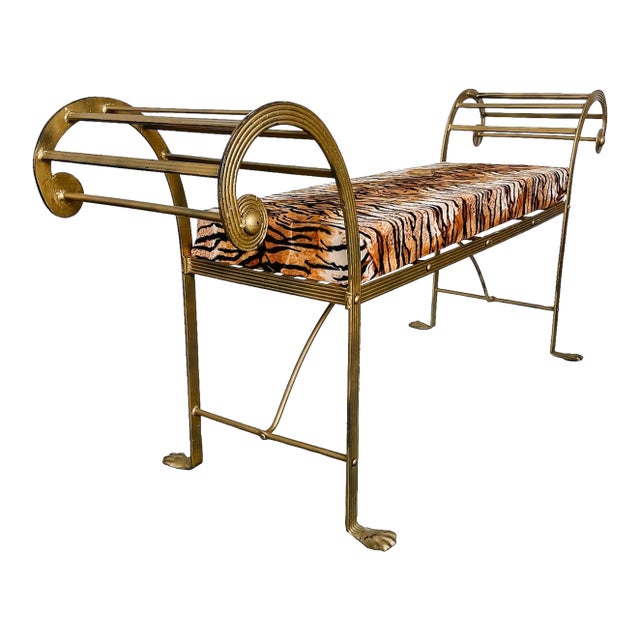 Vintage Hollywood Regency Gilt Metal Pagoda Bench With Tiger Print Upholstery and Paw Feet For Sale