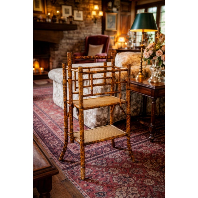 A superb antique English bamboo tiered magazine rack with woven grasscloth lower shelf, circa 1880. This magazine rack is...